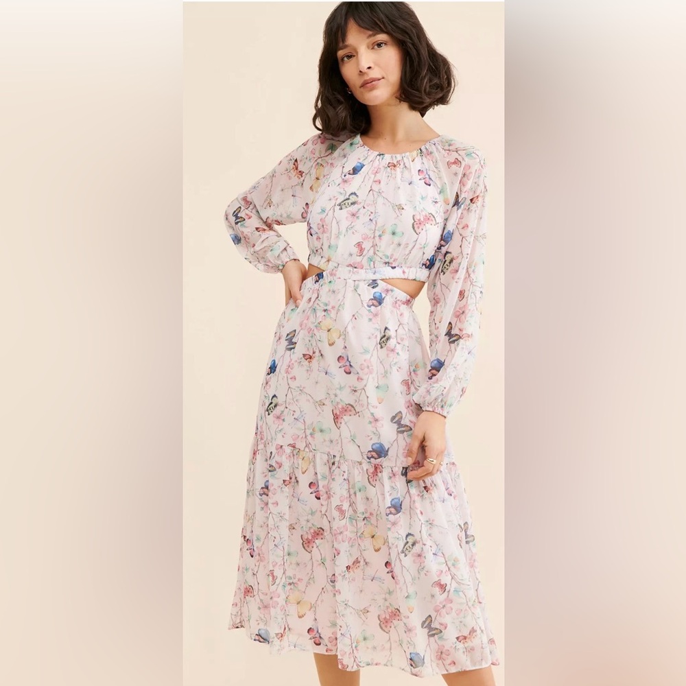 Floral Long Sleeve Cutout Midi Dress
